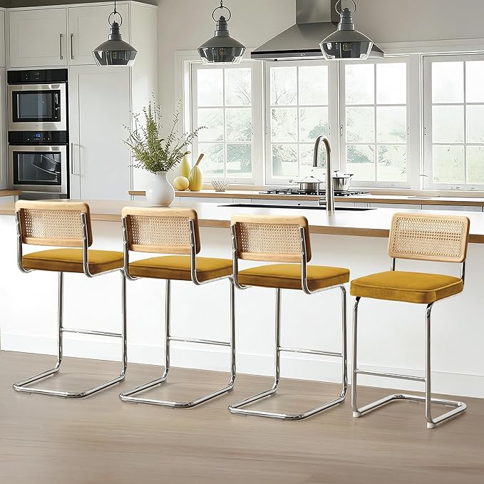 Zesthouse Natural Rattan Bar Stools Set of 2, 26'' Modern Boho Counter Height Bartools with Solid Wood Back, Mid Century Counter Stools with Velvet Cushion, Cane Back Island Chairs for Kitchen, Yellow