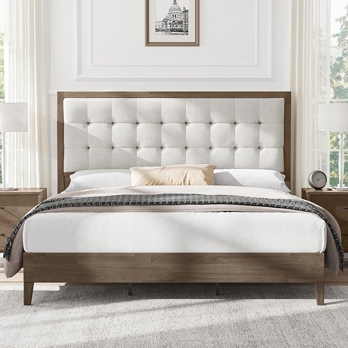 AMERLIFE Full Size Bed Frame with Headboard, Solid Wooden Bed Frame Full Size Platform Bed Frame Mid-Century Style, No Box Spring Required, Ash Gray | Back Support, Noise-Free, Easy Care, Sturdy Frame, Breathable Material