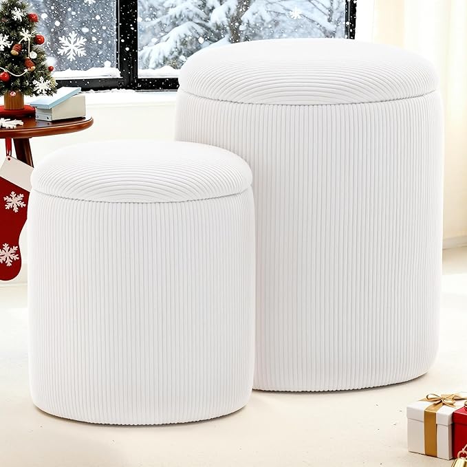 YSICK Round Ottoman with Storage, Set of 2, Small Vanity Stool as Vanity Chair, Corduroy Ottoman Foot Rest for Small Space, Living Room, Bedroom, White