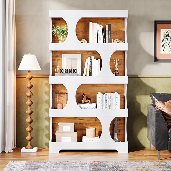 Tribesigns 71" Tall Bookcase, 4-Tier S-Shaped Bookshelf, Wood Decorative Storage Shelving, Modern Freestanding Display Shelves, Large Library Book Shelf Unit for Home Office Living Room, White & Brown