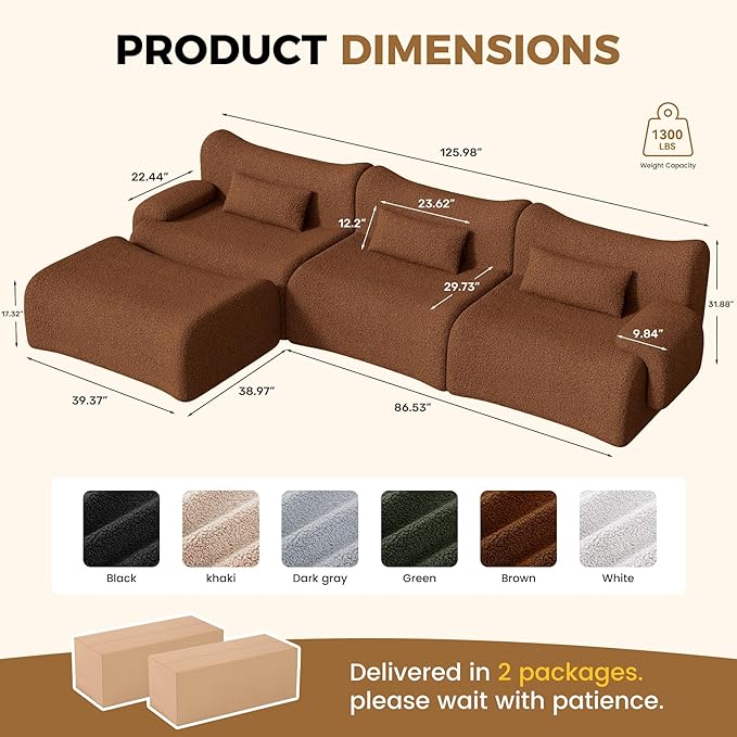 Cloud Couch Sectional, L Shaped Boneless Couches for Living Room - Oversized Modular Sofa with Deep Seats, Modern Couches with Movable Ottoman,Brown(red Brown)