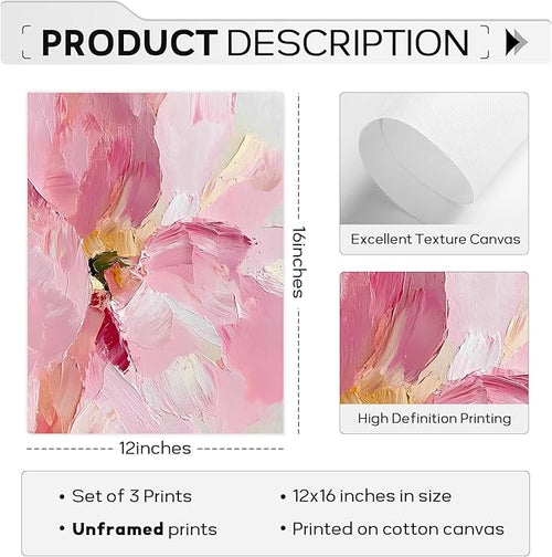 Abstract Floral Wall Art Pink Flower Canvas Pictures Modern Wall Decor Blush Pastel Pink Prints Peony Painting Minimalist Poster Botanical Artwork for Bedroom Living Room 12x16 Inch Unframed set of 3