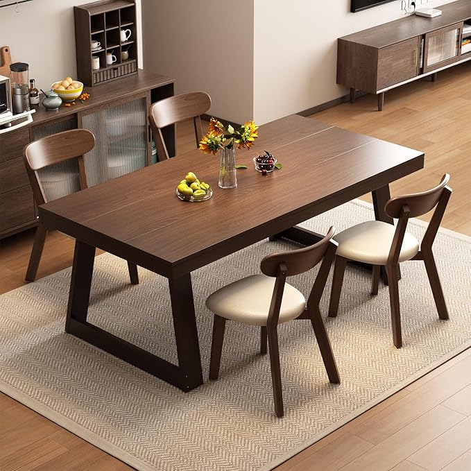 Dining Chairs Set of 4 Mid-Century Modern Oak Upholstered Leather Scandinavian Solid Wood Kitchen & Dining Room Chairs with Curved Backrest Sillas de Comedor for Dining Table(Walnut/Beige)