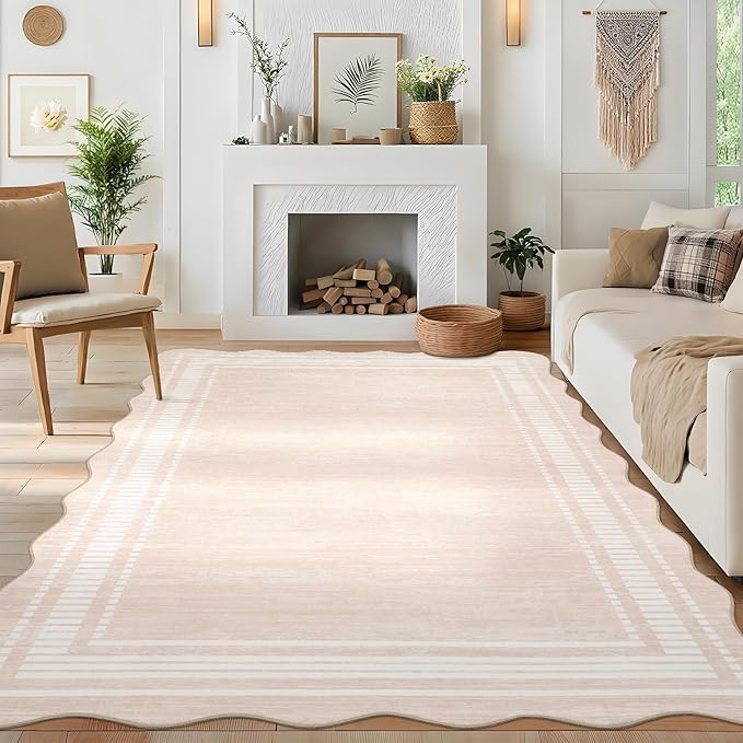 Garvee Washable Rugs 10x13 Area Rugs for Living Room Bedroom, Low Pile Ultra Soft Solid Neutral Carpet, Non Slip & Non Shedding Modern Scalloped Print Floor Mats for Home Decor, Natural Ivory
