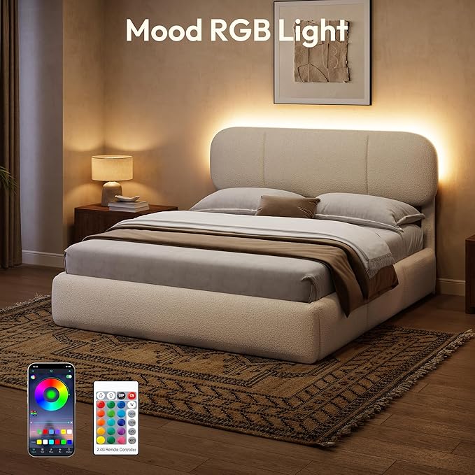 Full Size Bed Frame with Storage, Boucle Cloud Bed with 4 Locking Drawers & LED Lights, Modern Upholstered Platform Bed, Plush Sides & Footboard, Adjustable Headboard, No Box Spring, Beige