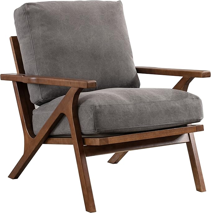 chairus Mid-Century Modern Accent Chair, Comfy Upholstered Lounge Armchair with Removable Cushions & Solid Wood Frame, Reading Chair for Living Room Bedroom Office, Grey Denim Fabric