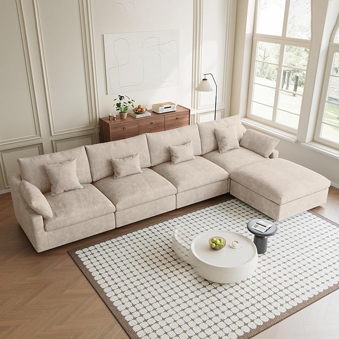 155.9" L Shape Cloud Modular Couches for Living Room, Modern Sectional Sofa with Chaise Ottomans, Deep Seat Couch Cushion Covers Washable&Removable, Sectional Sofas for Home Office Apartment (Khaki)