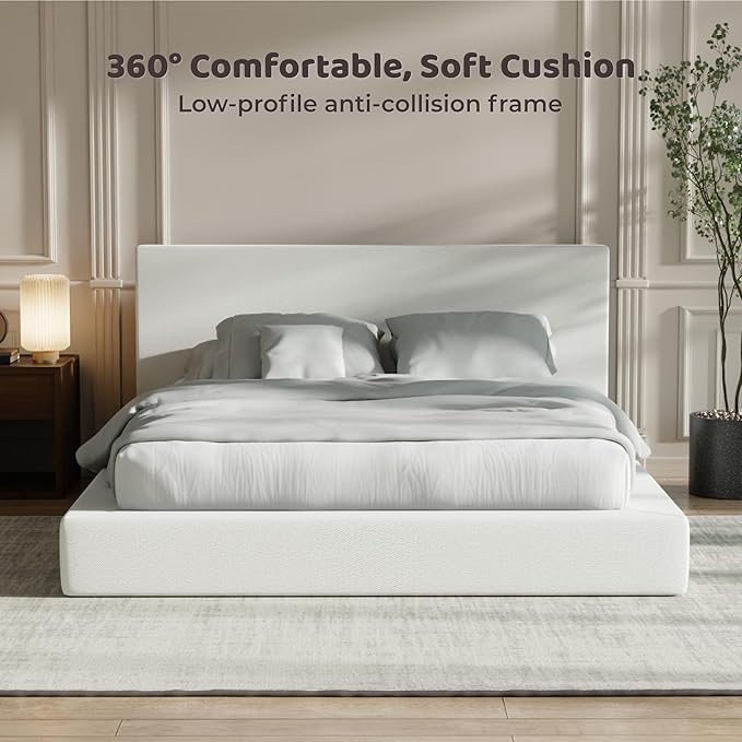 RECCI AirFrame Queen Bed Frame with Headboard, Cloud Upholstered Platform Bed Frame, 5 Inch Foam Cushioned, No Box Spring, Easy Assembly(Snow White)
