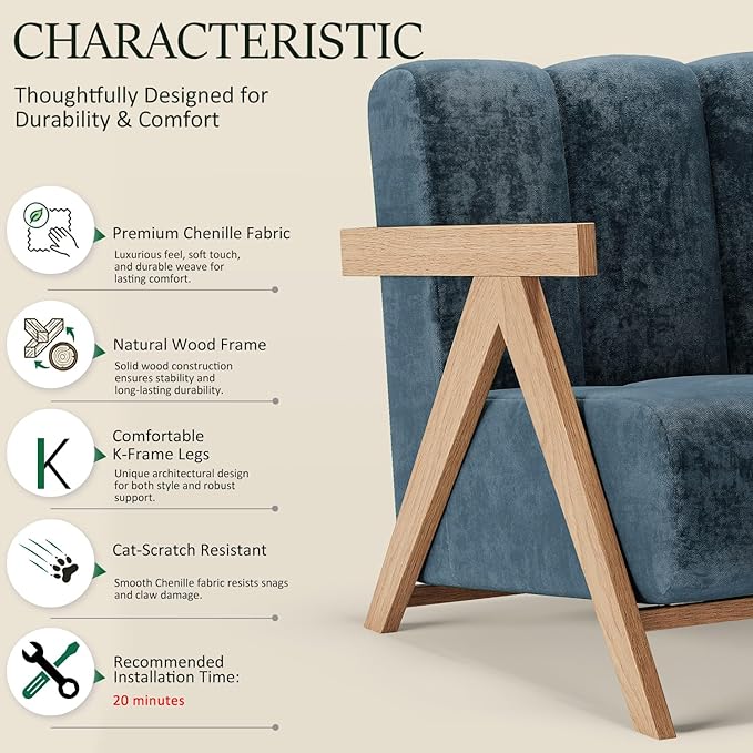 Modern Accent Chair for Living Room Bedroom,Comfy Chenille Reading Chair with Wood Frame,Oversized Upholstered Lounge Armchair with Thick High-Elastic Sponge for Apartment & Waiting Room (Blue,1)