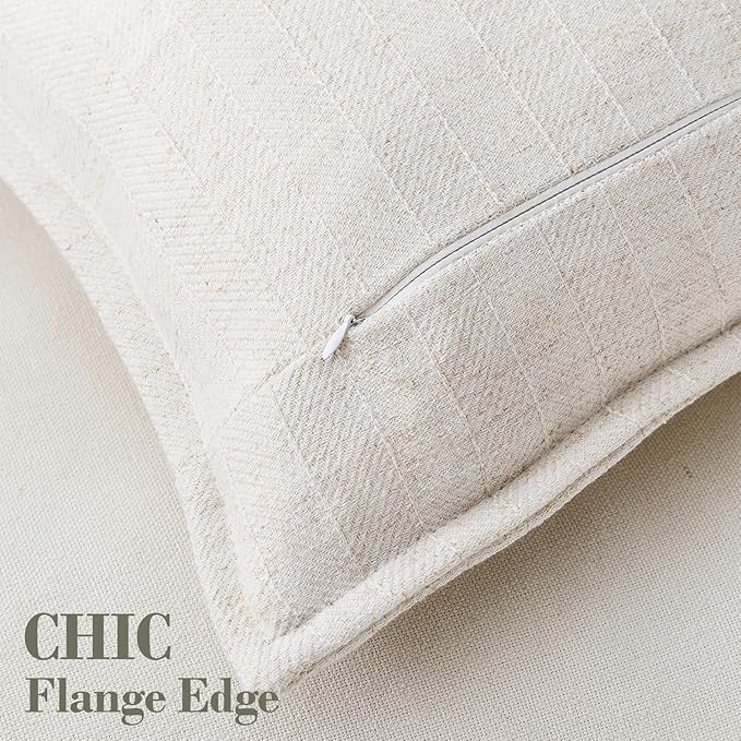 DEZENE 26x26 Linen Euro Sham Pillow Covers Beige Pack of 2 Farmhouse Boho Neutral Accents Striped Textured Square Decorative Throw Pillow Cases for Living Room Couch Bed Home Decor