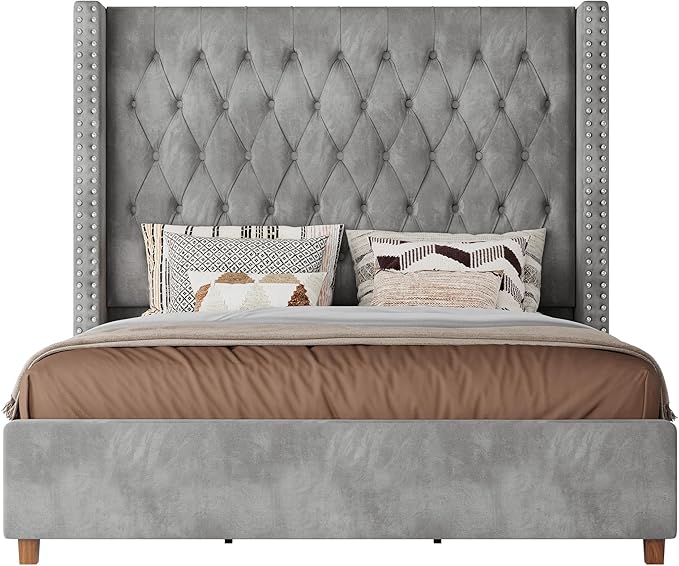 PaPaJet King Size Bed Frame with 61.4" Tall Headboard, Velvet Upholstered Platform and Handmade Deep Button Tufting, No Box Spring Required, Grey