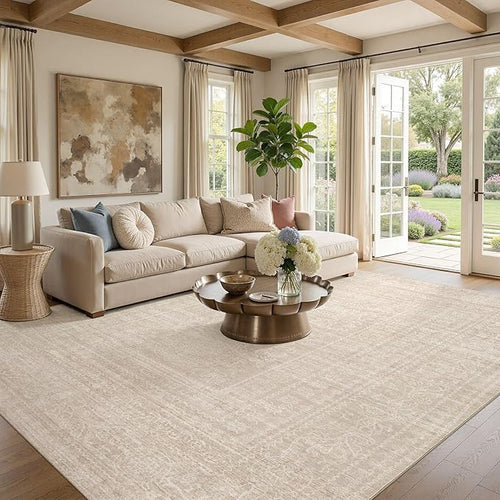 7x10 Area Rug Living Room: Washable Large Vintage Beige Rug Neutral Non-Slip Soft Stain Resistant Indoor Carpet for Bedroom Nursery Dining Room Under Table Bed Home House Office Playroom