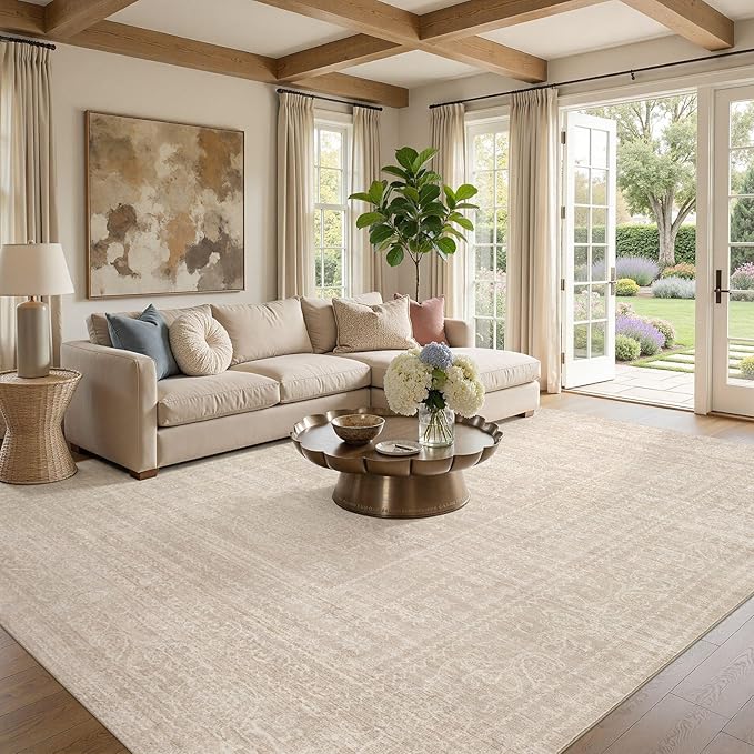 Nakagishi 10x14 Area Rugs Living Room: Washable Large Vintage Beige Rug Neutral Non-Slip Soft Stain Resistant Indoor Carpet for Bedroom Nursery Dining Room Under Table Bed Home House Office Playroom