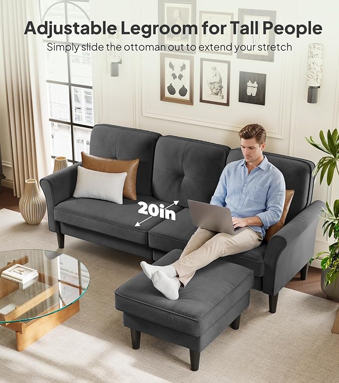 Welzona Sofas for Living Room, 83" Velvet Sectional Couch with Moveable Ottoman, Midcentury Modern Small Sectional Couch, L Shape Sofa & 2 Seater, Couches for Living Room, Apartment, Bedroom