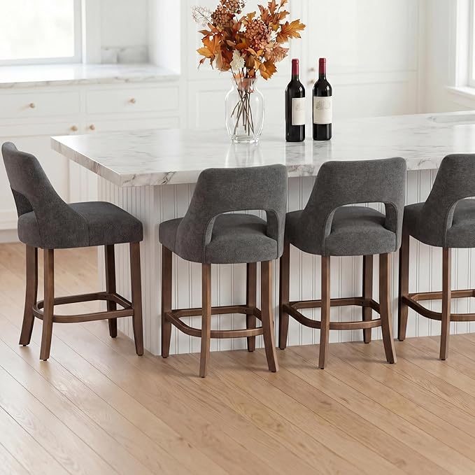 UVV Bar Stools Set of 2, Upholstered Counter Height Bar Stools, Modern Counter Stools with Wood Legs for Kitchen Island Dining Room Bar, Dark Grey