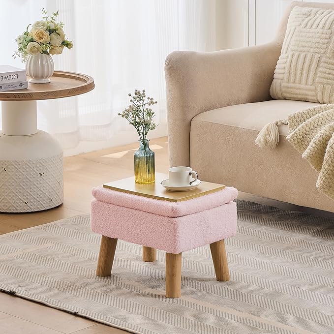 Storage Ottoman, Small Foot Stool Ottoman with Storage, Teddy Velvet Foot Rest with Wood Legs, Footstool for Living Room, Bedroom, Entryway, Pink