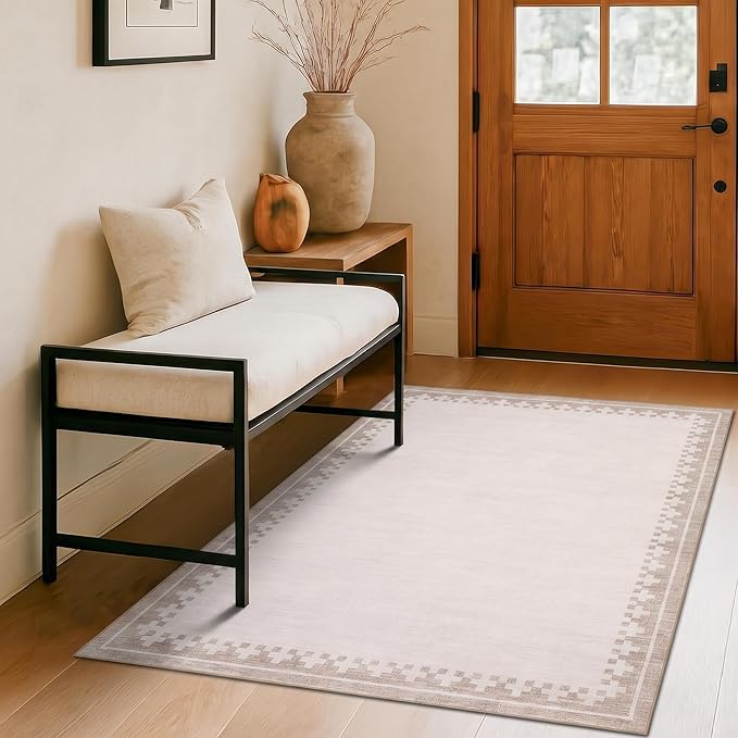 GarveeHome Washable Rug 4x6 for Living Room Entryway Nursery Modern Non Slip Low Pile Carpet Cross Bordered Neutral Indoor Area Rugs for Dining Room Kitchen Floor, Light Camel/Seashell