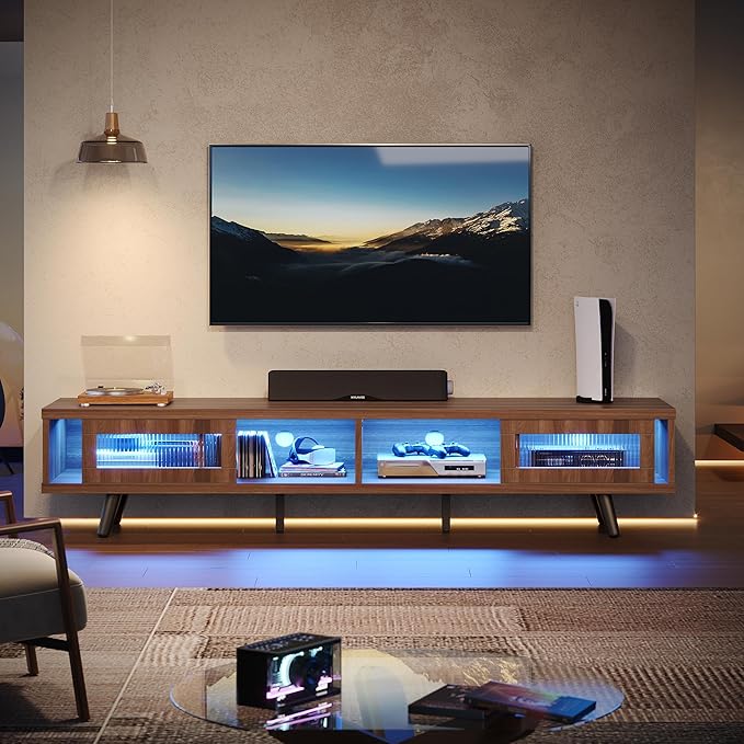 Bestier Mid Century Modern TV Stand for 75 inch TV, LED Entertainment Center with Storage and Sliding Doors, Low Profile TV Consoles for Living Room, Ancona Walnut