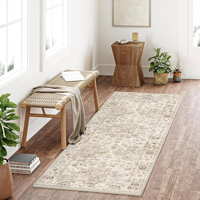 3x7 Washable Neutral Runner Rug Beige Vintage Hallway Kitchen Carpet Non-Slip Soft Low Pile Farmhouse Throw Rug for Bedroom Bathroom Laundry Living Room