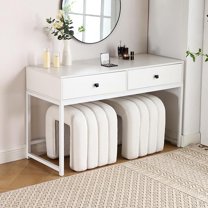 White Teddy Fleece Tufted Ottoman Stool Set of 2, Small Arch Footrest for Couch, Modern Vanity Stool for Makeup Room, Living Room, Entryway, 15.4 x 19.3 x 17.9 Inches, 260lb Capacity