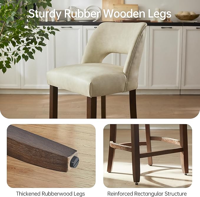 VKNOW 26" Bar Stools Set of 2, Faux Leather Counter Height Bar Stools with Backrest and Rubberwood Legs, Upholstered Barstools for Kitchen Island, Bar and Dining Room, Beige