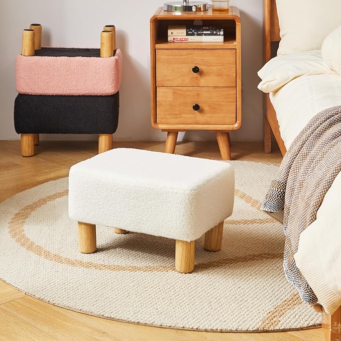 YMYNY Ottoman, Modern Footrest with Soft Padded Seat, Foot Stool with Wood Legs, Small Square Pouf Under Desk for Living Room Bedroom Office 15.74" D×11.41" W×9.84" H White UHBD030W