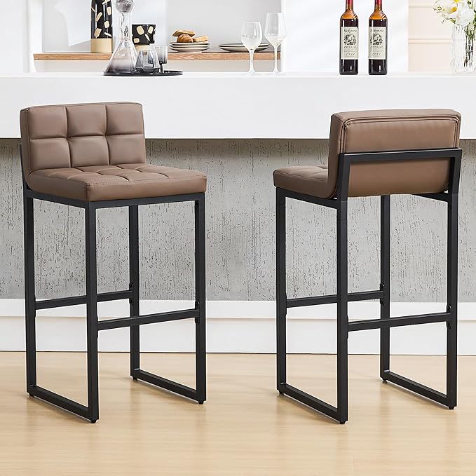 FIRAVOE Set of 2 Barstools, Counter Height Bar Stools with Back, Faux Leather, Thickened Metal Legs, 30-inch Island Chairs for Kitchen Island, Bar, Counter (Coffee Brown, 2Pcs 30" Bar Stools)