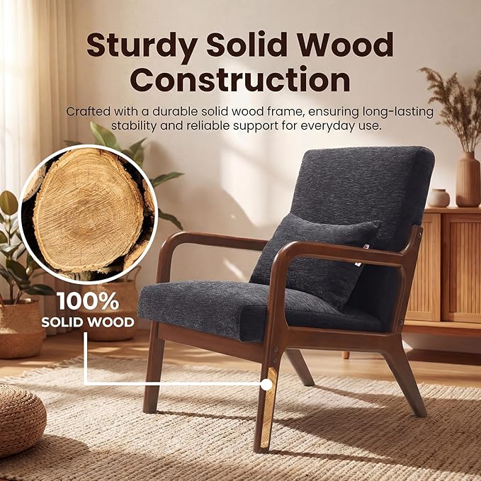 Achicsofar Accent Chair Mid Century Modern Armchair with Lumbar Support Pillow Wood Legs PU Leather Upholstered Lounge Chairs Comfy High Back Cushion for Living Room Bedroom