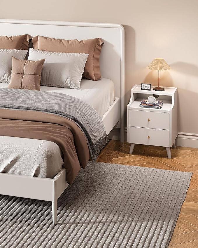 Narrow Nightstand with Drawers, 15.7" Slim Solid Wood Bedside Table with Open Shelf & Cable Hole, Modern Storage Side Table for Bedroom, Living Room, White