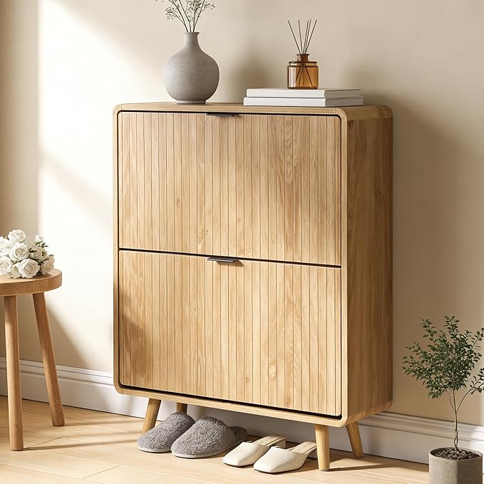 FurSch Fluted Shoe Storage Cabinet with 2 Flip Drawers, Narrow Shoe Rack Cabinet Organizer with Adjustable & Removable Shelves for Entryway (All Natural, 2 Drawers)