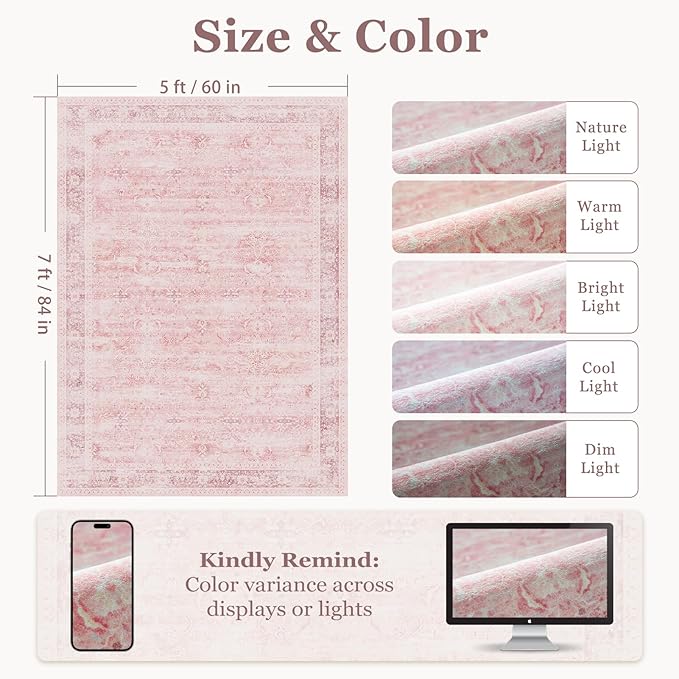 5x7 Pink Rug for Nursery, Thin Washable Rugs for Kids Room Playroom, Distressed Aesthetic Area Rugs for Bedroom Girls Dorm Romantic, Non Slip Carpet Rug for Living Room Dining Room Home Office