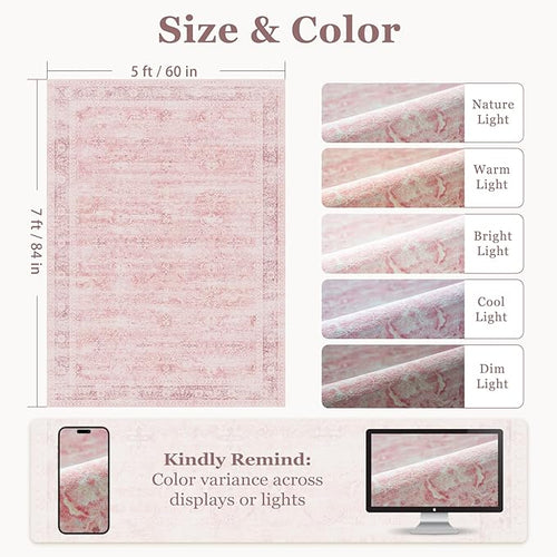 5x7 Pink Rug for Nursery, Thin Washable Rugs for Kids Room Playroom, Distressed Aesthetic Area Rugs for Bedroom Girls Dorm Romantic, Non Slip Carpet Rug for Living Room Dining Room Home Office