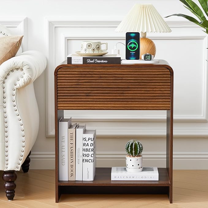 XUZENEST Fluted Nightstand with Charging Station, Mid Century Modern Bed Side Table End Table with Drawer Storage, Large Wooden Night Stands Bedside for Bedroom Living Room Sofa Office, Walnut