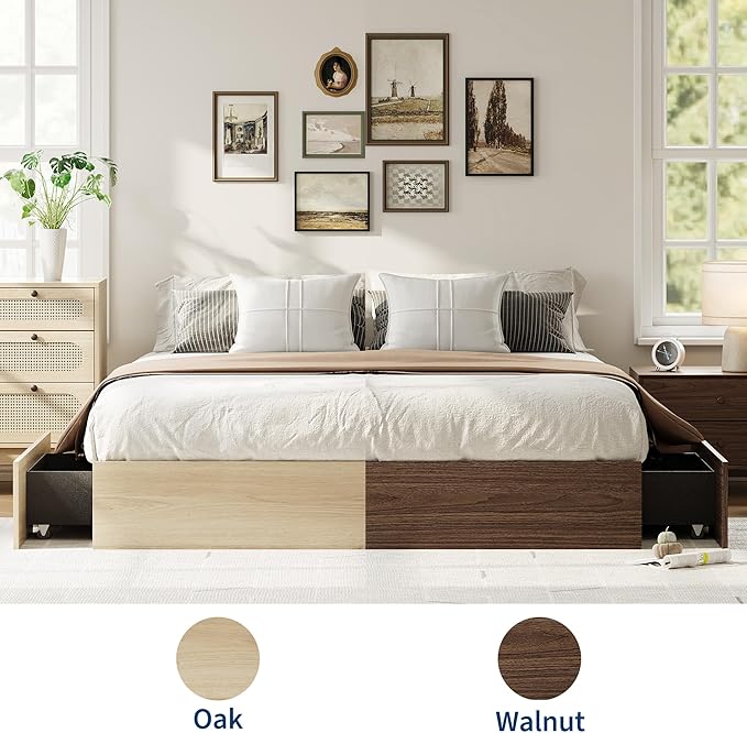 GarveeHome California King Wood Platform Bed Frame with 2 Storage Drawers, Wooden Bed Frame Without Headboard, Wood Slat Support, No Box Spring Needed, Easy Assembly
