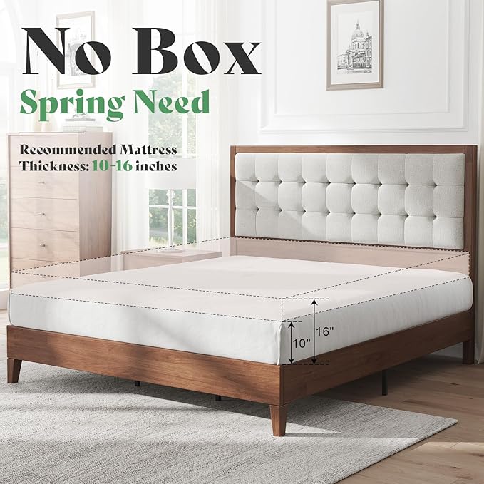 AMERLIFE Queen Bed Frame with Headboard, Solid Wooden Bed Frame Queen Size Platform Bed Mid-Century Style, No Box Spring Required, Walnut | Noise-Free, Sturdy Frame, Easy Care, Back Support, Breathable Material
