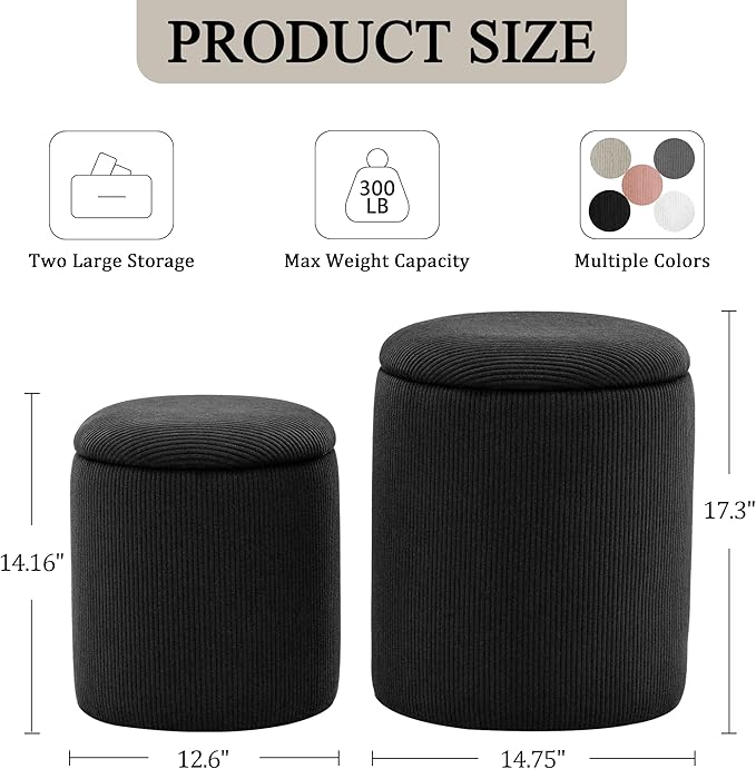 YSICK Round Ottoman with Storage, Set of 2, Small Vanity Stool as Vanity Chair, Corduroy Ottoman Foot Rest for Small Space, Living Room, Bedroom, Black
