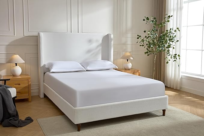Upholstered Bed Frame King Size, 54" Tall Headboard Wingback Upholstered Platform Bed Frame for Adults Bedroom Strong Wood Slats Support/No Box Spring Needed/Easy Assembly, Cream White