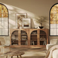 BELLEZE 65" Arched Sideboard with Glass Door, Accent Buffet Cabinet with Storage and Adjustable Shelves, Classic Modern Large Console Table for Dining Room Living Room Entryway (Camel)