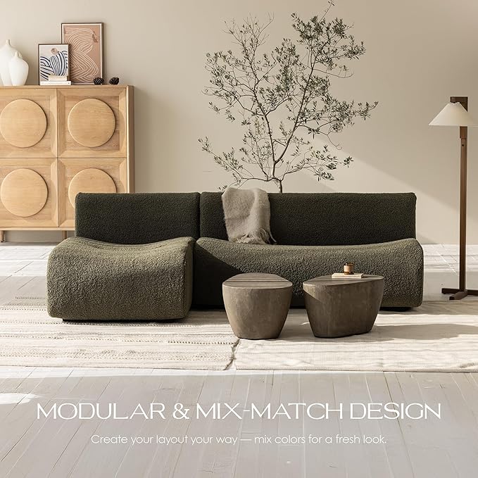 92" Modular Sectional Couch, Boneless 3 Seater Sofa with Chaise Set, Reversible L-Shaped Couches with Deep Seat, Green Curved Sherpa Sofas for Small Living Room, Bedroom, Apartment– No Assembly