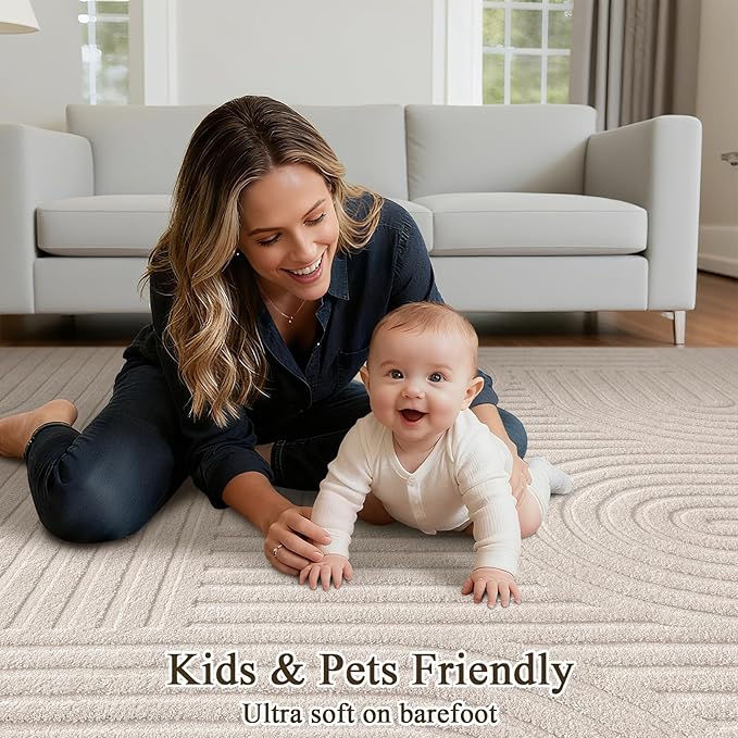 SHACOS Soft Cozy Fluffy Arch Pattern High Low Pile Area Rugs 10'x14' Large Non Slip Washable Modern Geometric Rug Scandinavian Minimalist Carpet for Living Room Bedroom Dining Room, Beige