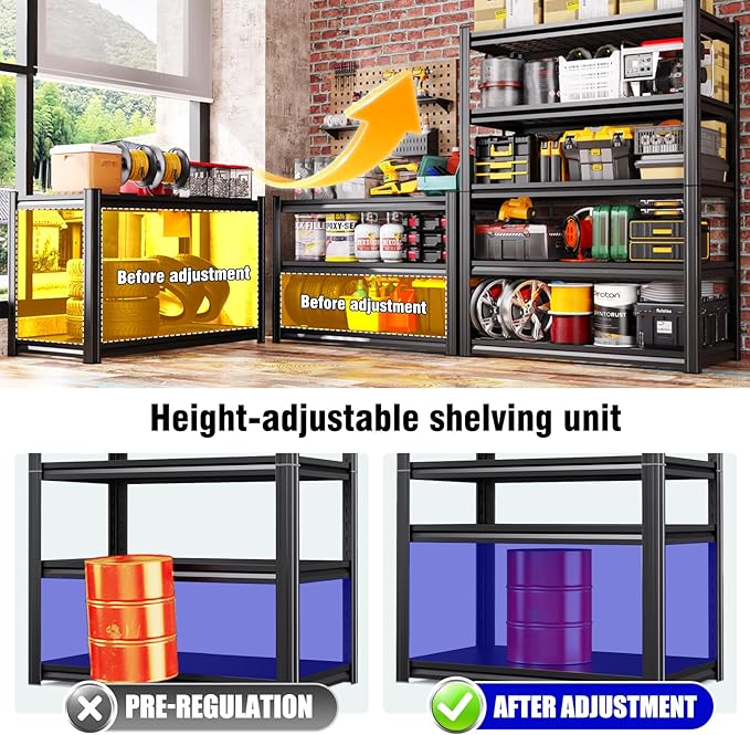 59" W Heavy Duty 5-Tier Garage Shelving Unit,2500 lbs Capacity Adjustable Metal Storage Rack, Boltless Steel Shelves for Garage, Basement, Warehouse, Pantry & Kitchen 72"x59"x20",Black