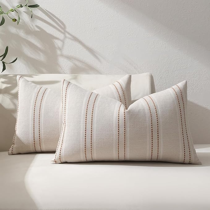 Hckot Fall Throw Pillow Covers 12x20 Set of 2 Striped Pillow Covers Textured Linen Decorative Pillows Square Cushion Covers for Sofa Couch Bed Living Room Farmhouse Decor(Caramel)