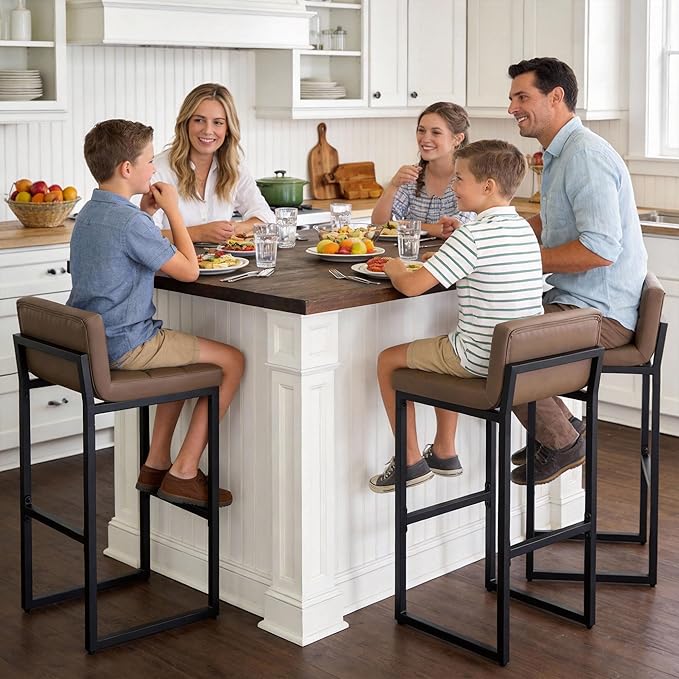 FIRAVOE Set of 3 Bar Stools with Back, Modern Bar Height Barstools with Thickened Metal Legs, 30" Faux Leather Counter Chairs for Kitchen Island, Bar, Counter (Coffee Brown, 3Pcs 30" Bar Stools)