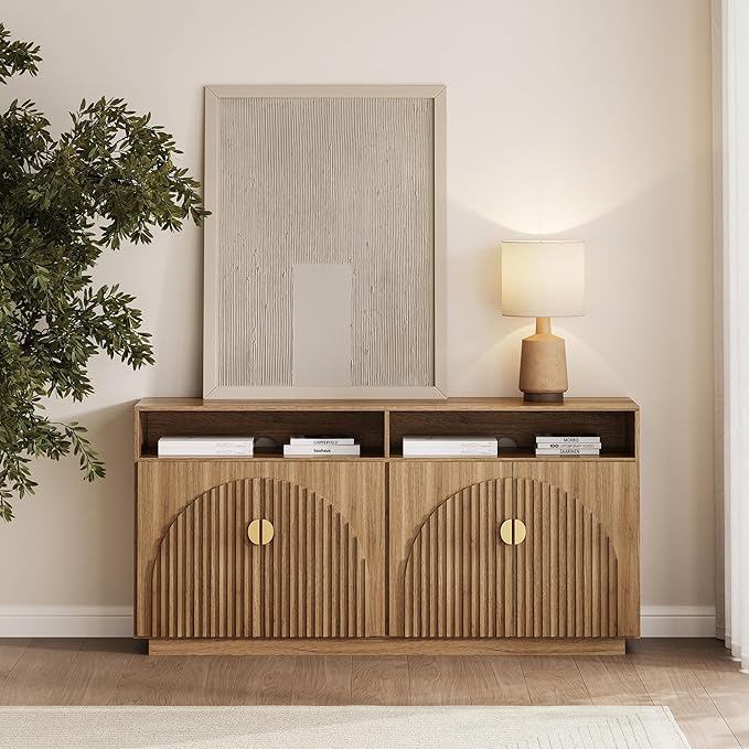 BELLEZE 65-inch Fluted Sideboard with Open Shelf, Mid Century Modern Sideboard with Adjustable Shelves & Cable Management, Wooden Accent Cabinet for Dining Room, Living Room - Caramel Brown