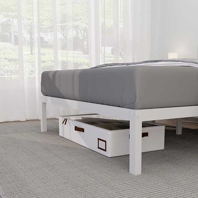 14 Inch Bamboo Bed Frame – Solid Wood Platform Bed Frame, Strong and Stable, with Non-Slip Slats for Support, No Box Spring Needed, Easy to Assemble, Noise-Free (White, Twin with Headboard)