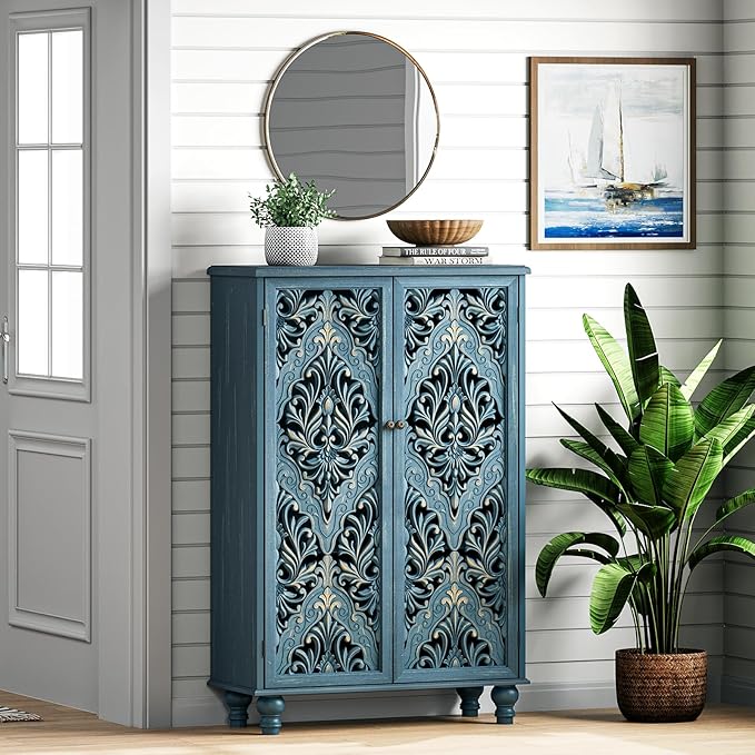 JOINICE 47" Tall Accent Cabinet with Navy Blue Mandala Carved Doors, Solid Wood Legs Storage Cabinet with 100 lbs Capacity, Boho Farmhouse Sideboard Buffet for Entryway, Living Room & Coffee Bar