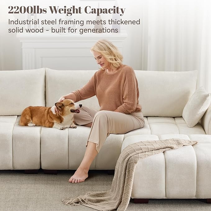 143" Oversized Cloud Couch Sectional, Comfy U Shaped Couch with Two Ottomans and Solid Wood Legs, Mid Century Modern Modular Sectional Couches for Living Room, Tufted Sofas for Living Room, Beige