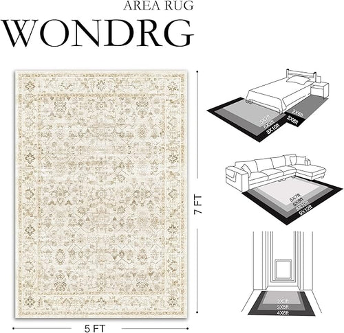 8x10 Beige Washable Neutral Area Rug for Living Room Soft Floral Non Slip Large Rug Modern Low Pile Stain Resistance Indoor Carpet Bedroom Office Playroom Office Classroom
