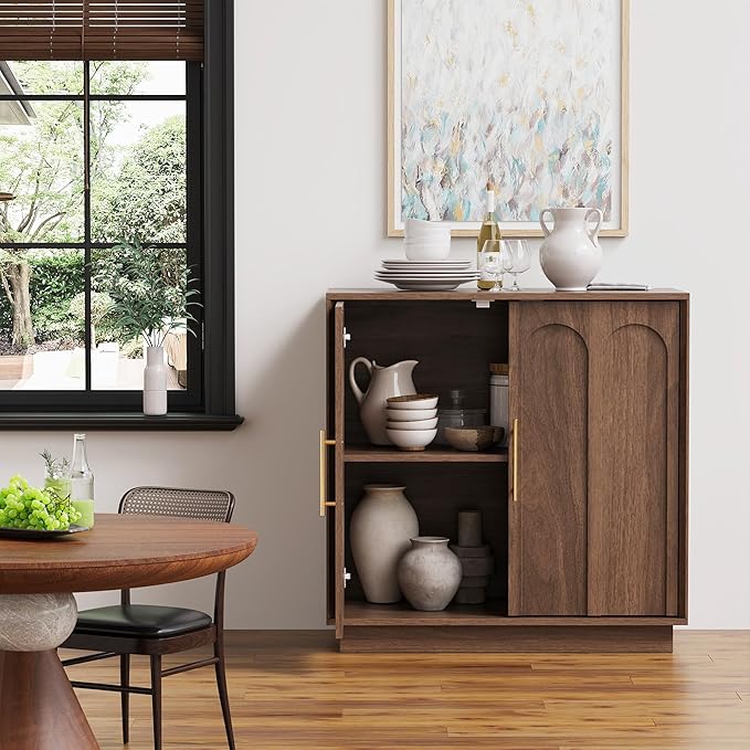 FORTUNETEC Sideboard Buffet Cabinet with Storage Set of 3, Mid Century Modern Accent Cabinet with Arched Doors, Modular Media Console, Credenza for Living Room Kitchen Dining Room Entryway, Walnut