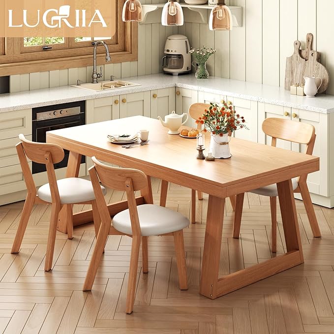 Dining Chairs Set of 6 Mid-Century Modern Oak Upholstered Leather Scandinavian Solid Wood Kitchen & Dining Room Chairs with Curved Backrest Sillas de Comedor for Dining Table(Original/Beige)